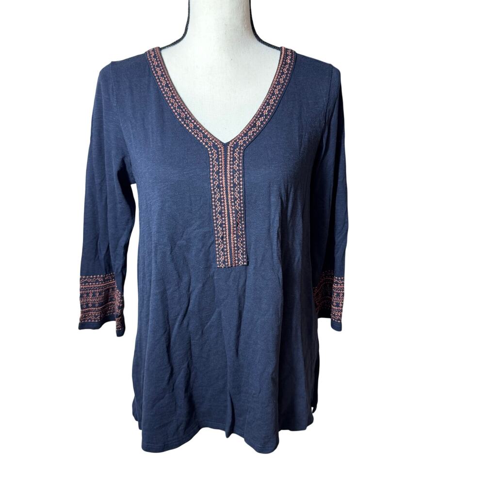 J.‎ Jill Blue Tunic Top 3/4 Sleeve Blue V-Neck Embroidered Women's Small Cotton